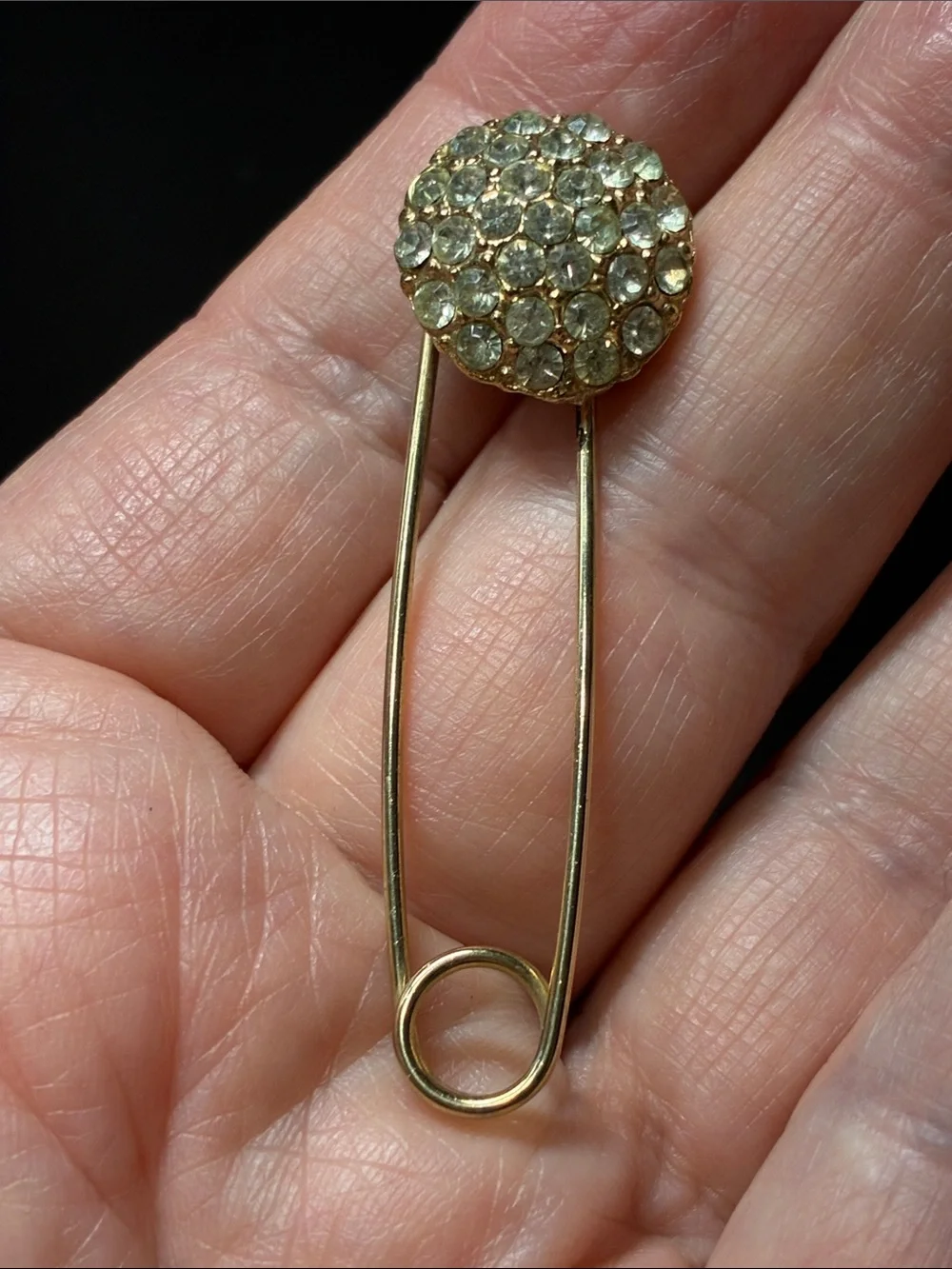 Vintage Gold Crystal Pave Safety Pin Brooch - Women Jewelry